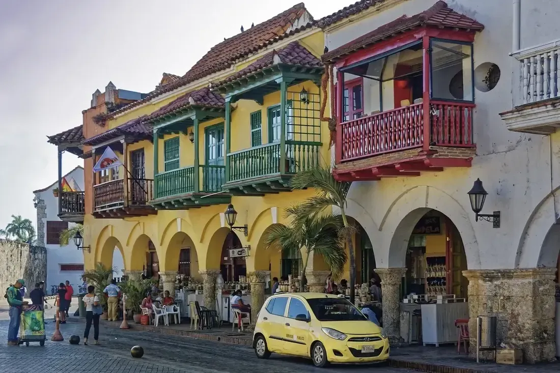 Wooden balconies on colonial houses in the walled city of Cartagena