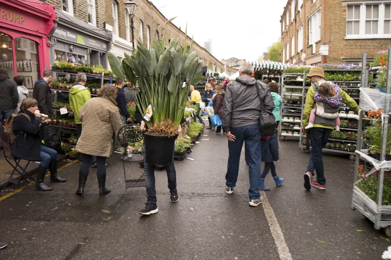 Shoppers walking between plant and flower stalls on a Sunday morning at Columbia Road Flower Market, London