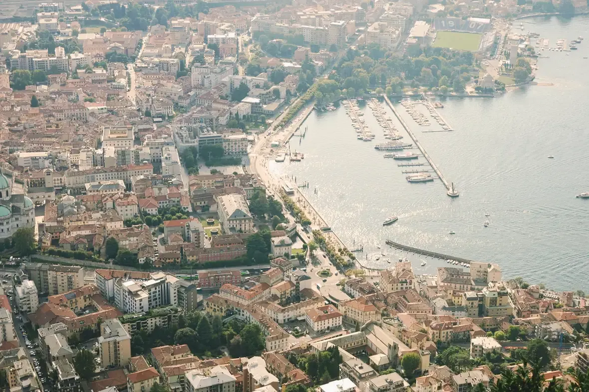 Como, Italy, seen from above, with the lungolago promenade, the marina and the cathedral dome