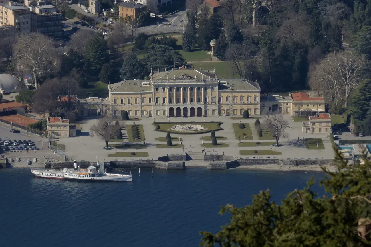 Villa Olmo and its formal lakefront gardens seen from the hillside above Lake Como