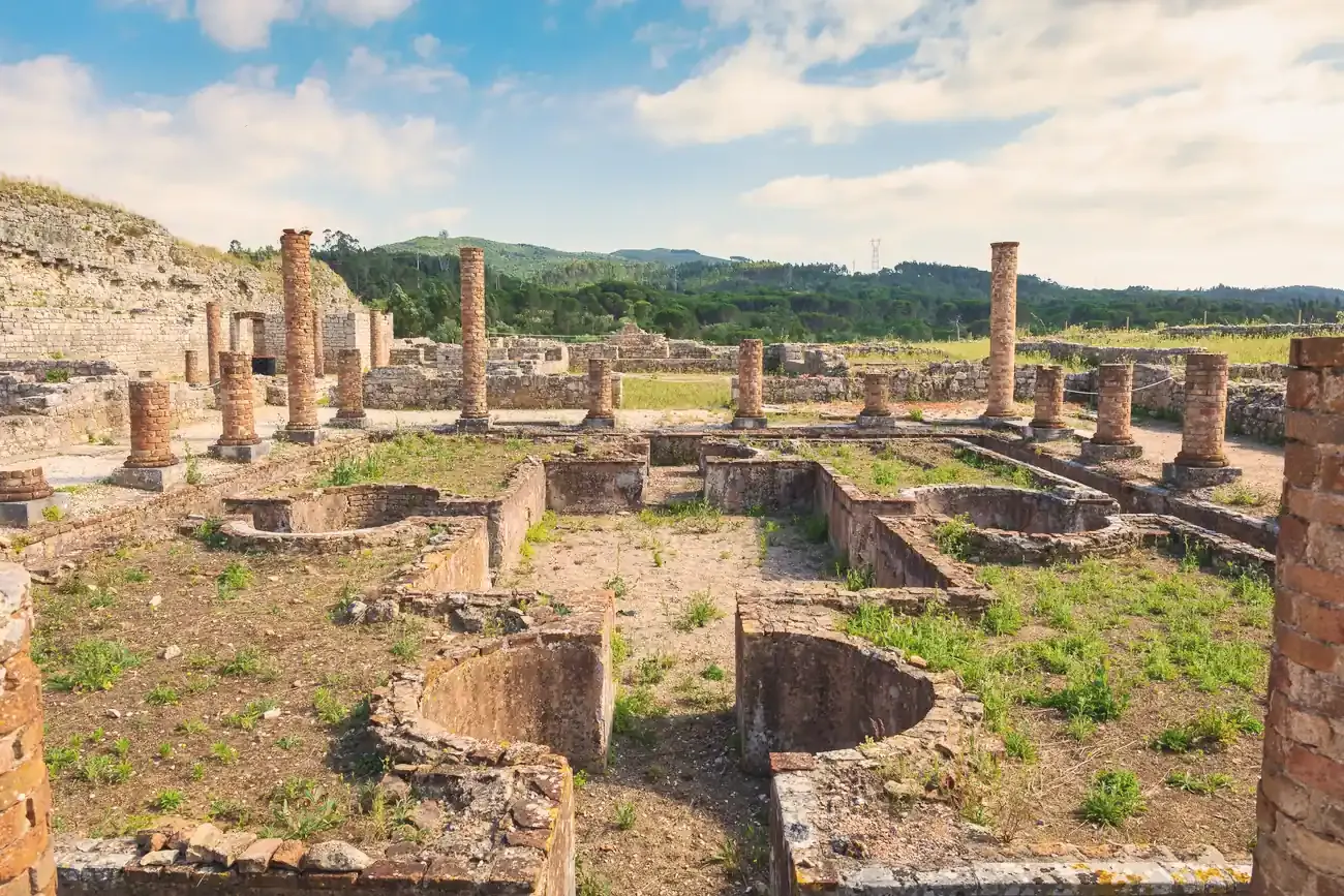 Brick columns and the ornamental water basins of the Casa dos Repuxos in the Roman town of Conimbriga