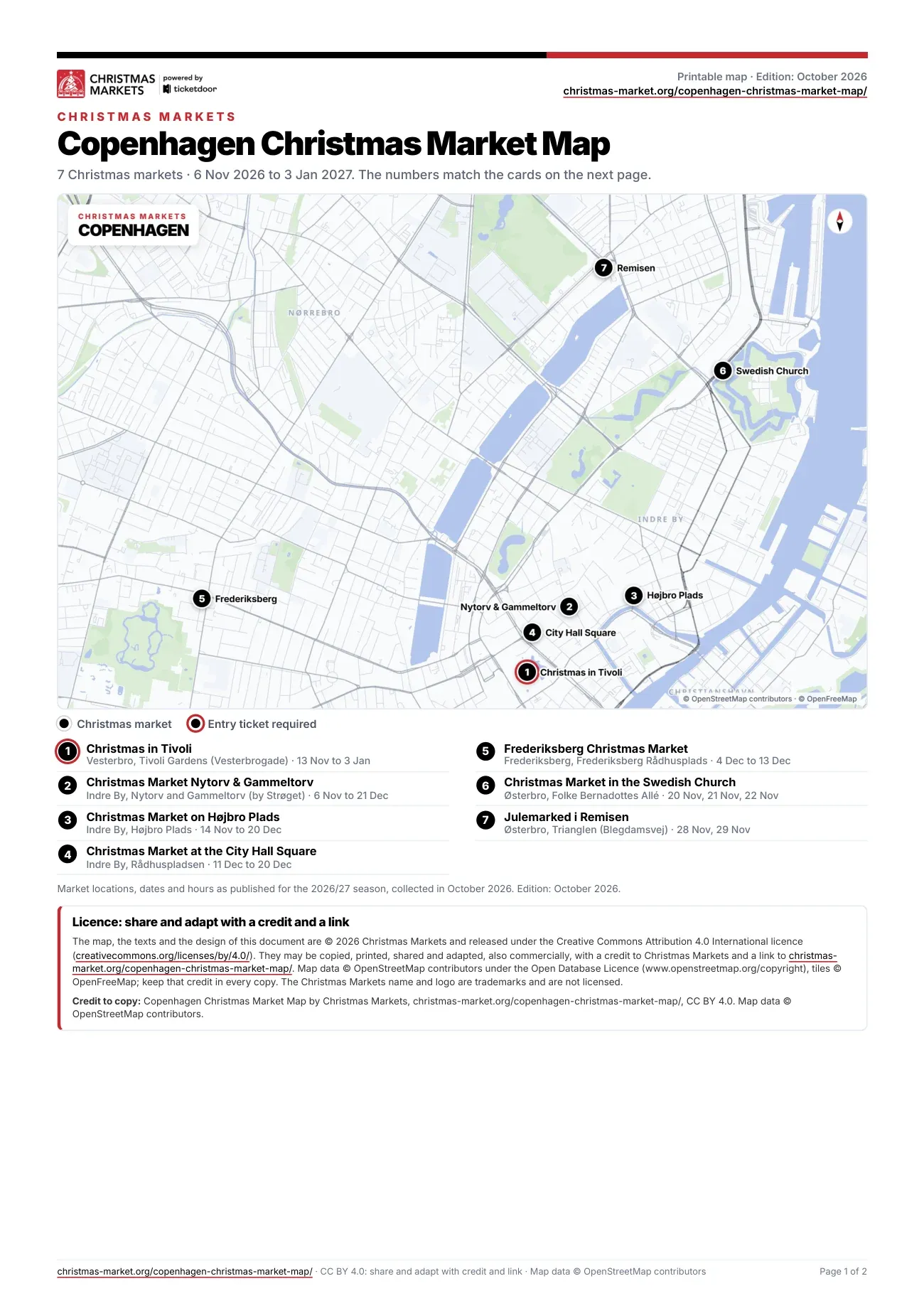 Page 1 of the printable Copenhagen Christmas market map PDF