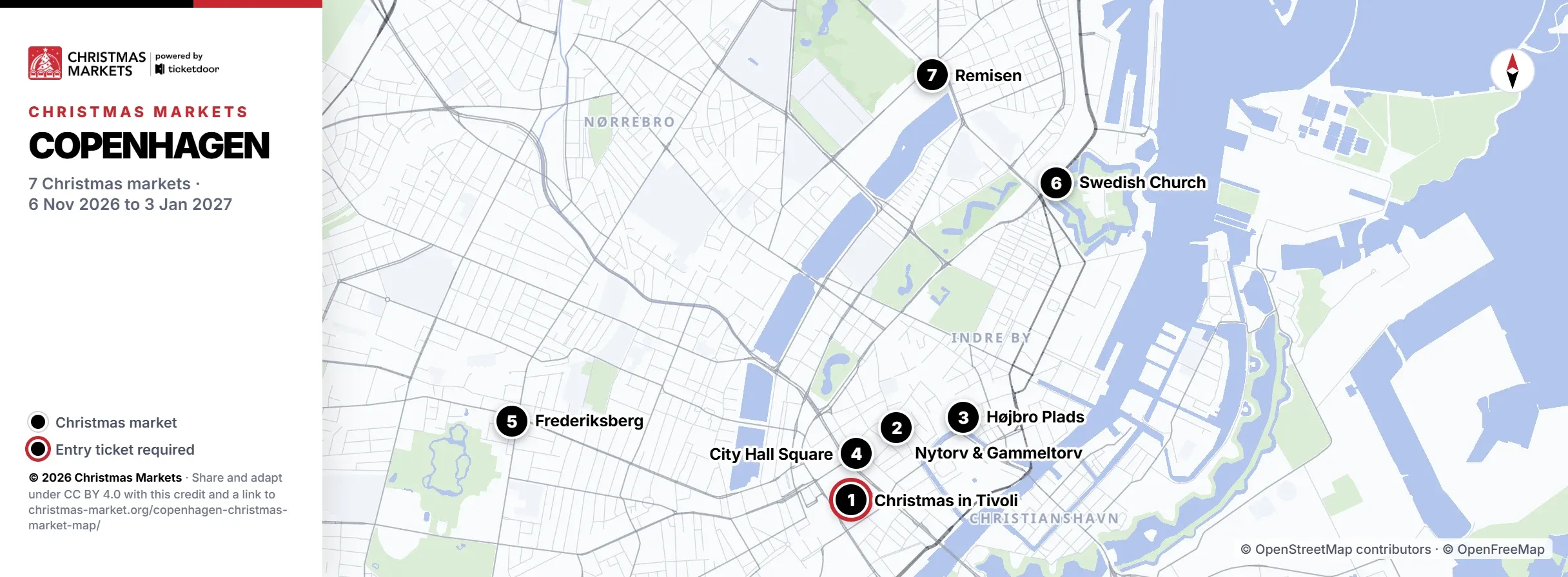 Copenhagen Christmas market map with the 7 markets numbered
