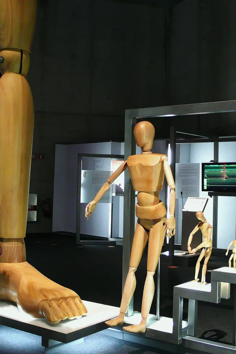 An articulated wooden figure on display at CosmoCaixa Barcelona
