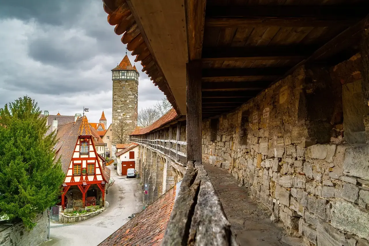 The covered walkway along the town wall of Rothenburg ob der Tauber and one of its towers