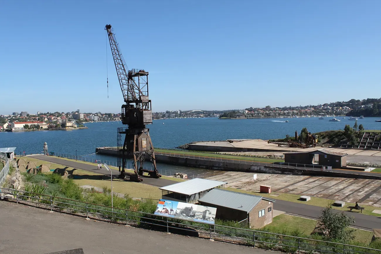 Cranes and shipyard buildings on Cockatoo Island in Sydney Harbour
