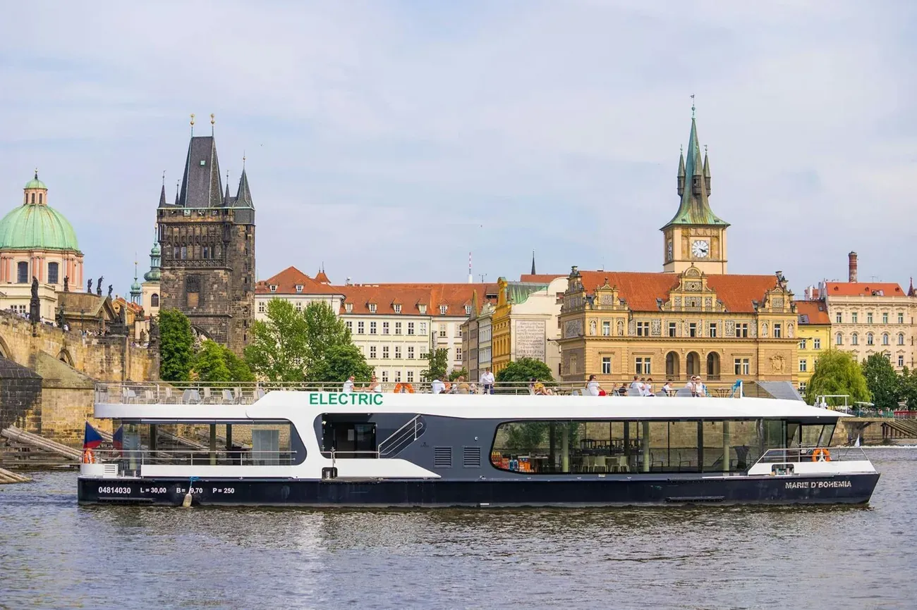 A cruise boat on the Vltava below the Old Town of Prague
