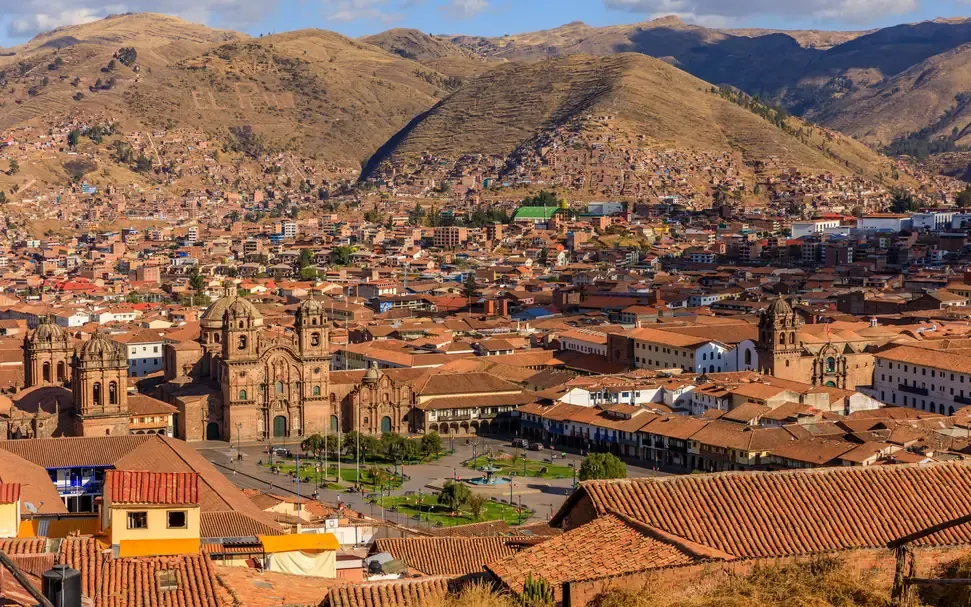 The Cusco cityscape with the Plaza de Armas and surrounding mountains