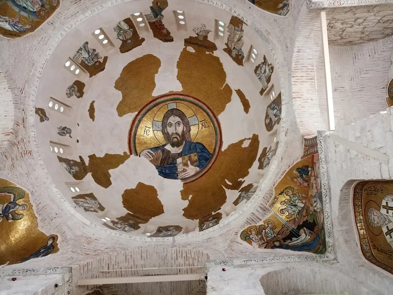 The Christ Pantokrator gold ground mosaic in the dome of the Daphni Monastery church near Athens