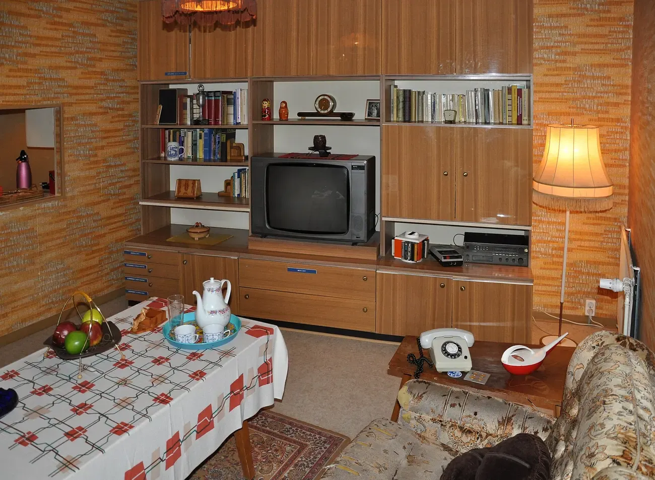 The furnished East German living room exhibit at the DDR Museum in Berlin