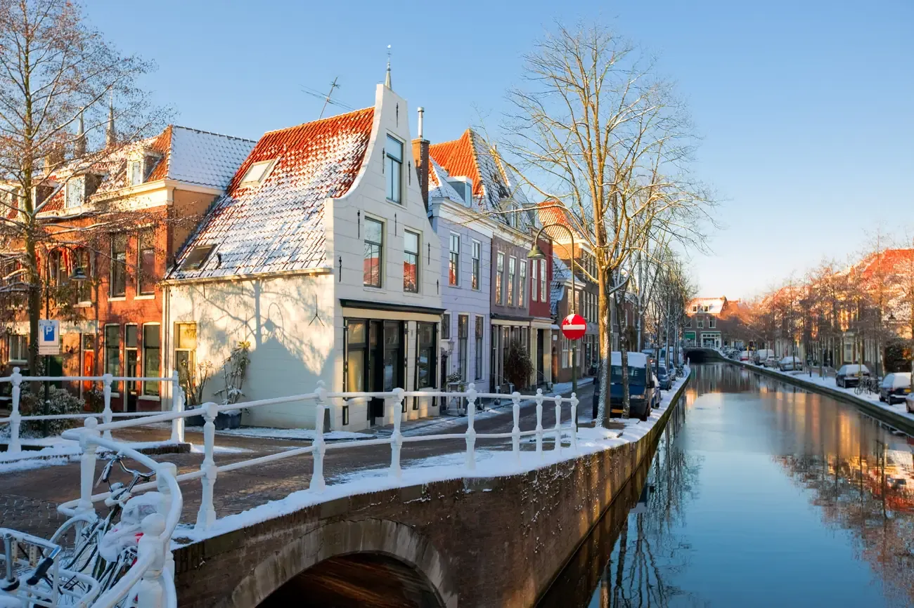 Houses along a canal in Delft's residential district, Netherlands