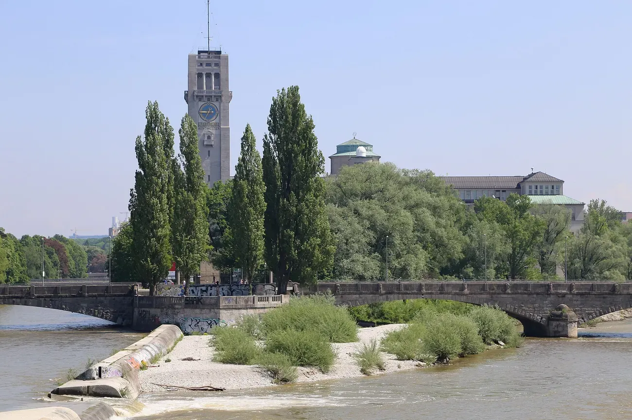 The Deutsches Museum and its tower seen across the Isar in Munich