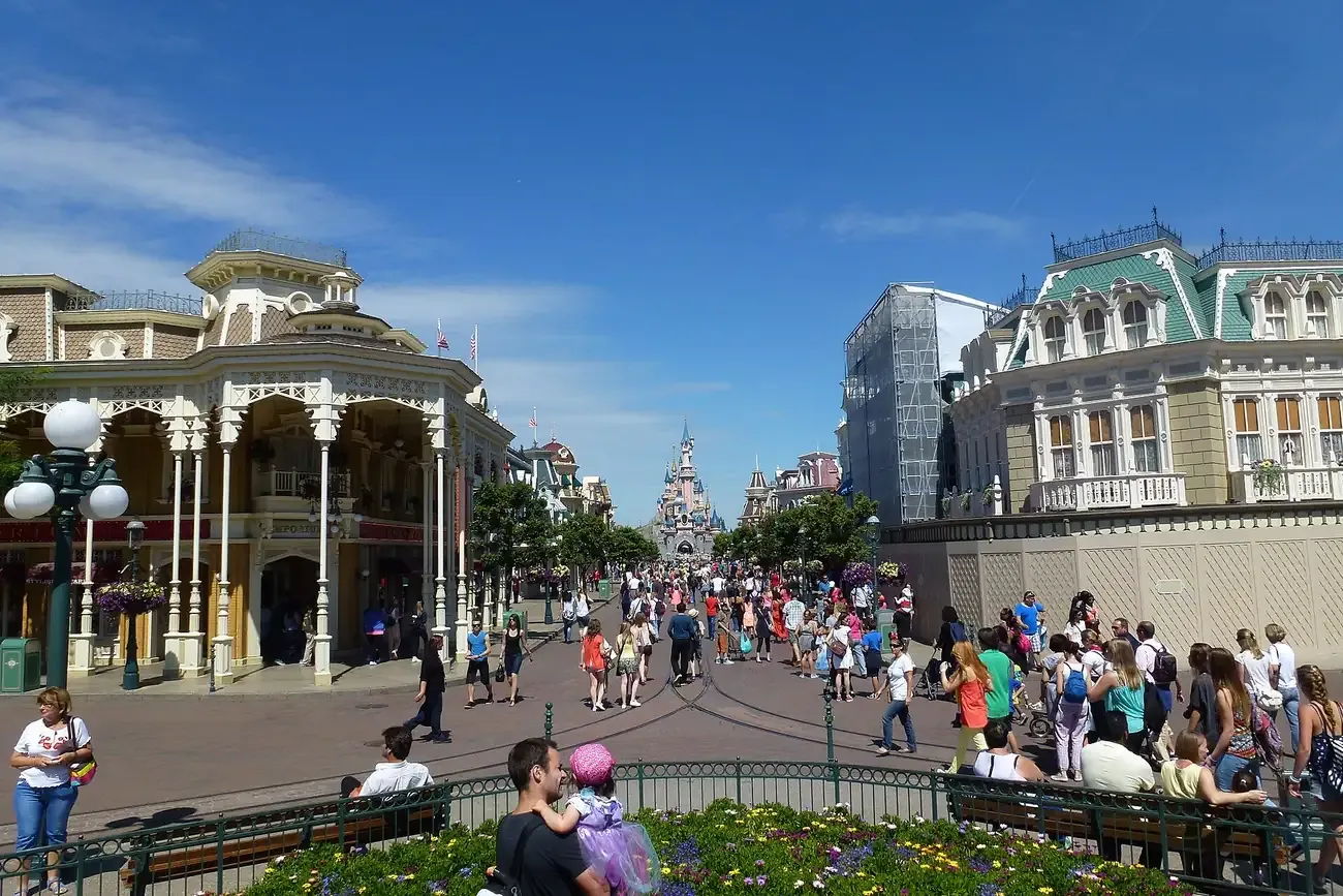 Main Street USA leading to the Sleeping Beauty Castle at Disneyland Paris in Marne-la-Vallee