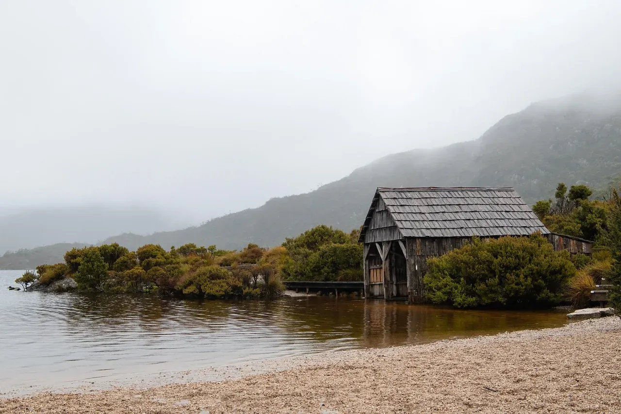 The Dove Lake boatshed on the shore below Cradle Mountain in Tasmania
