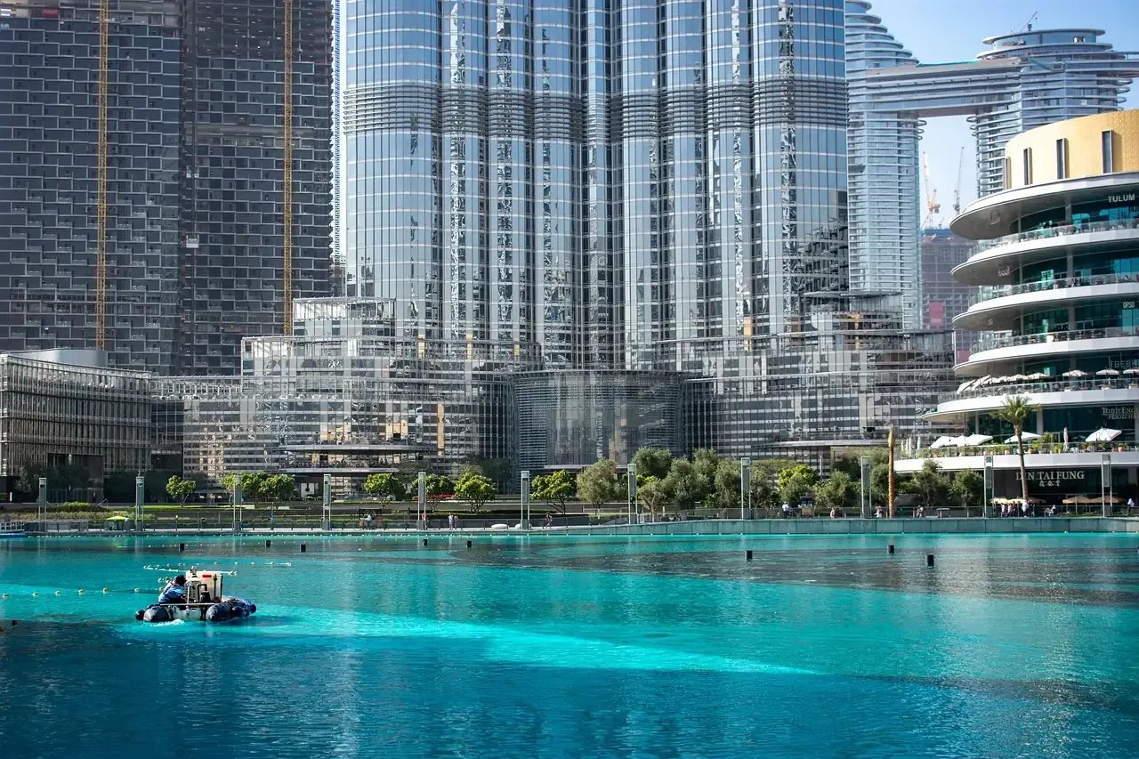 Downtown Dubai skyline with the Burj Khalifa above the lake