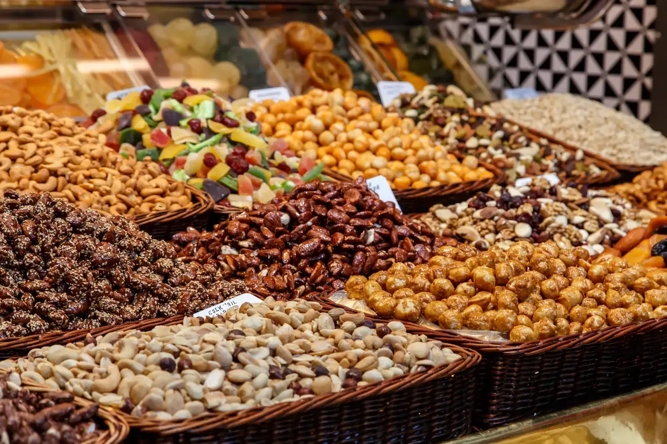 A dried fruit stall at La Boqueria market in Barcelona