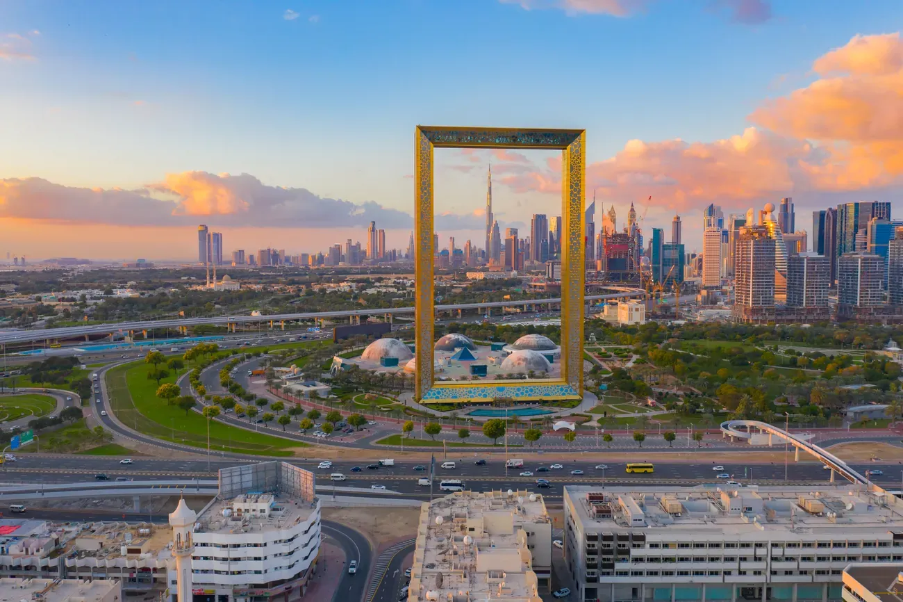 Aerial view of the Dubai Frame and Downtown skyline
