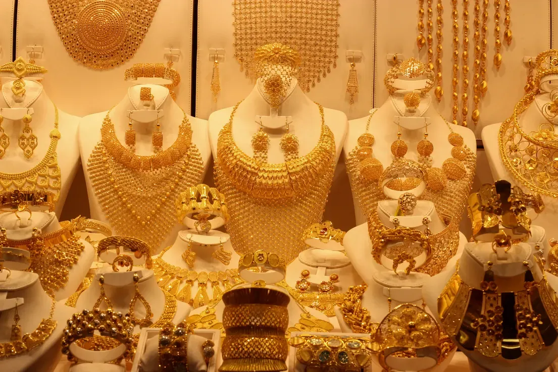 Gold jewellery on display at the Dubai Gold Souk