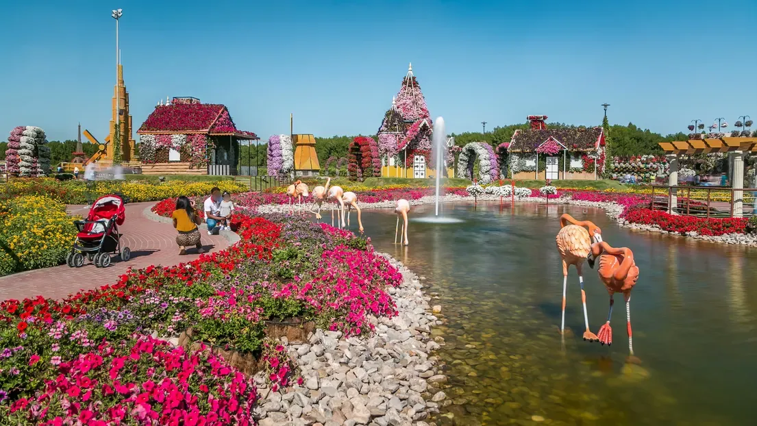 Flamingo and fountain display at Dubai Miracle Garden