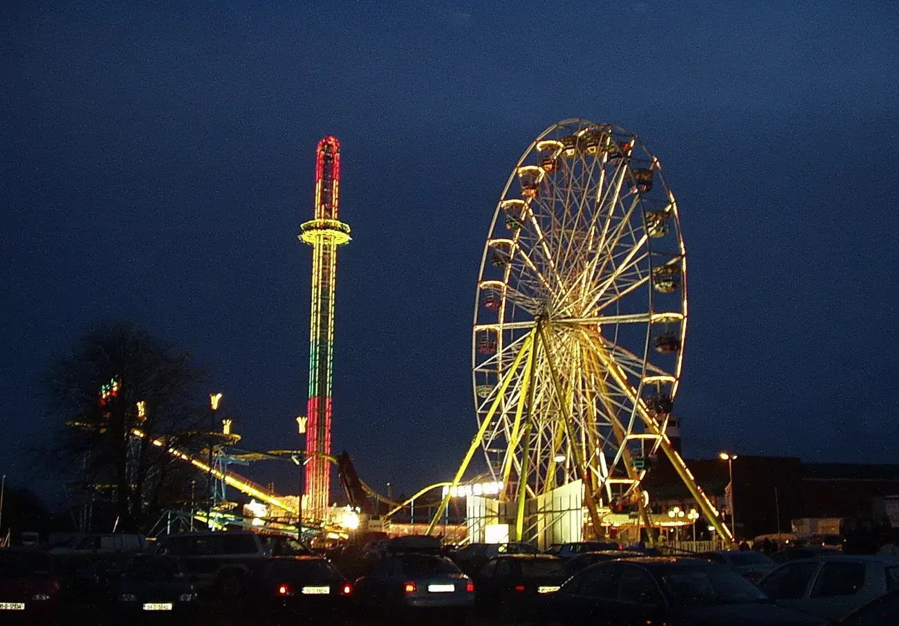 Fairground rides lit at night at the RDS in Ballsbridge, Dublin, venue of Everwinter