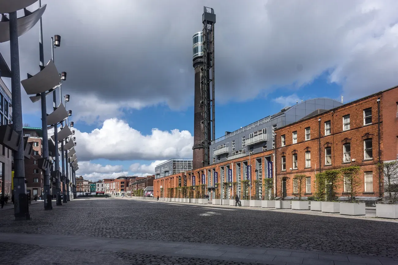 The cobbled Smithfield Square in Dublin with the Jameson chimney, venue of TwinkleTown