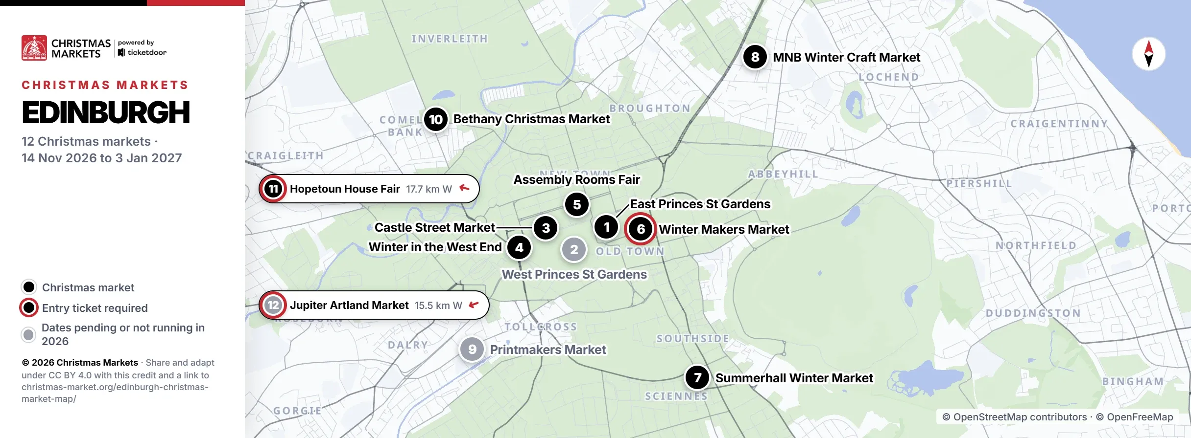 Edinburgh Christmas market map with the 12 markets numbered
