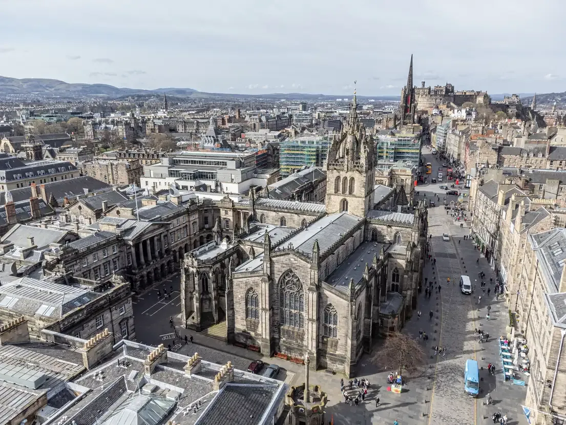 An aerial view of St Giles' Cathedral on the Royal Mile in Edinburgh