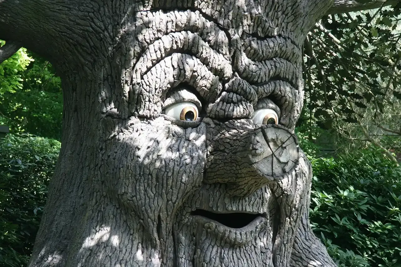 The carved face of the talking Fairytale Tree in the Fairytale Forest at Efteling