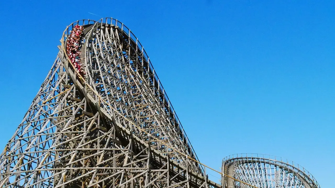 The wooden track and lift hill of a roller coaster at Efteling in Kaatsheuvel