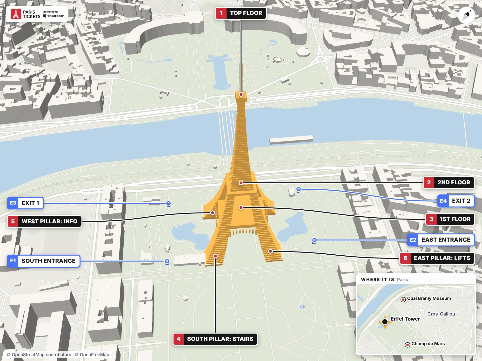 3D map of the Eiffel Tower in Paris with its entrances, pillars and floors numbered