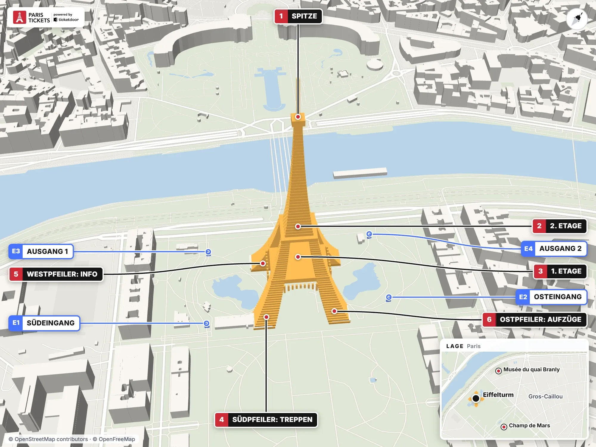 3D-Karte des Eiffelturms in Paris mit nummerierten Eingängen, Pfeilern und Etagen