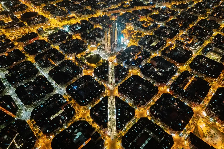 Aerial night view of the Eixample district and the Sagrada Familia in Barcelona