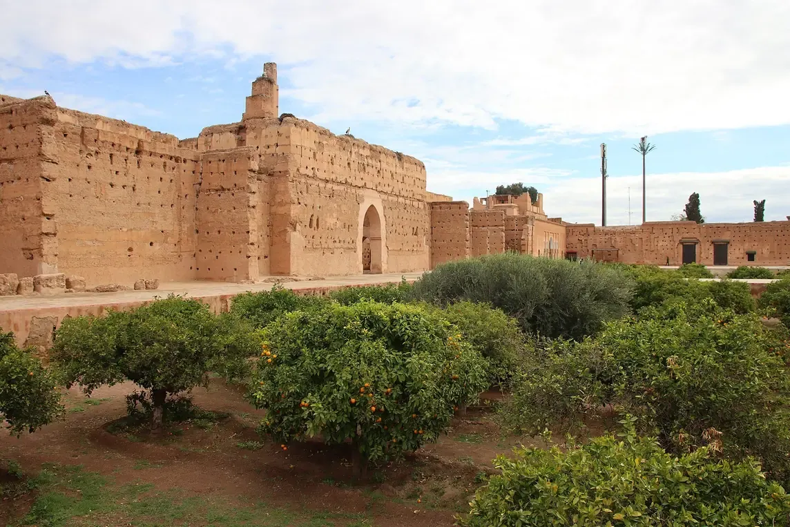 Ruined ramparts above the sunken orange gardens of the El Badi Palace in Marrakech