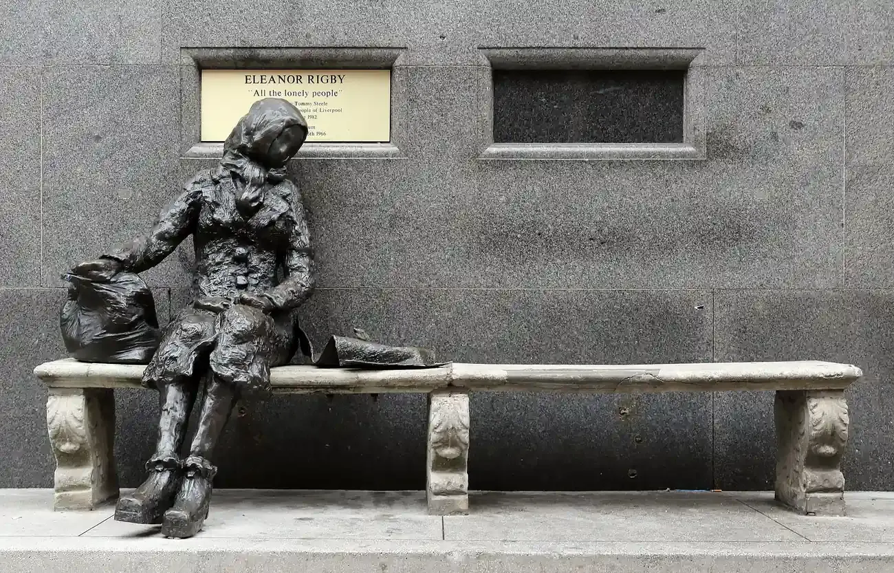 The bronze Eleanor Rigby statue seated on a bench on Stanley Street in Liverpool