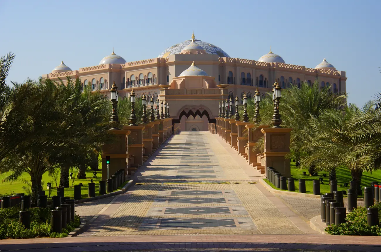Emirates Palace with its palm-lined driveway, Abu Dhabi