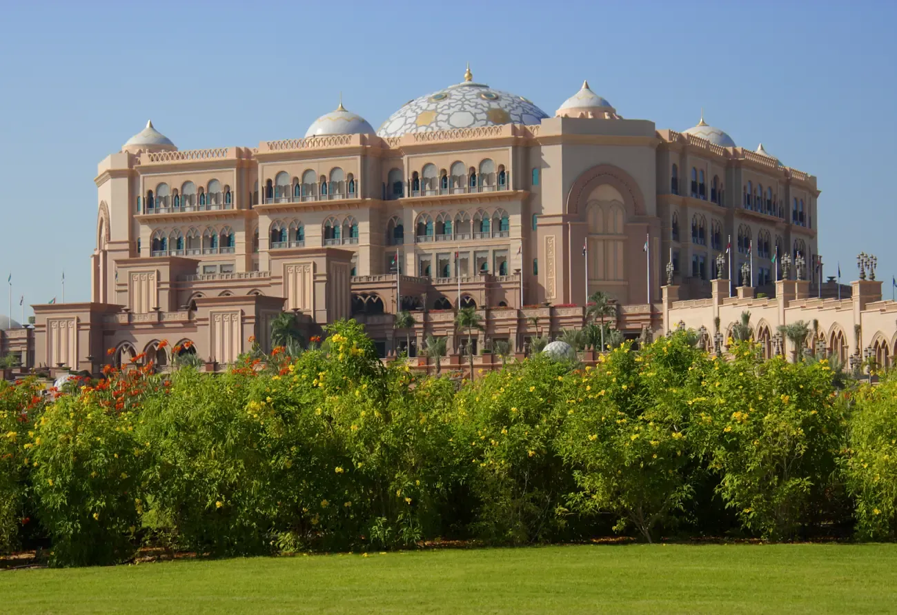 Emirates Palace hotel with its central dome and gardens, Abu Dhabi