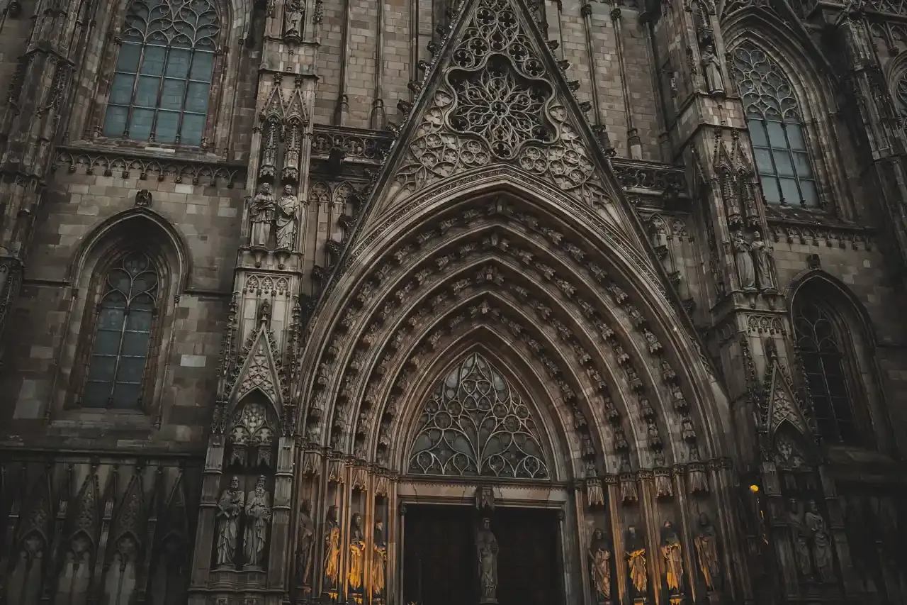 Entrance to Barcelona Cathedral at night
