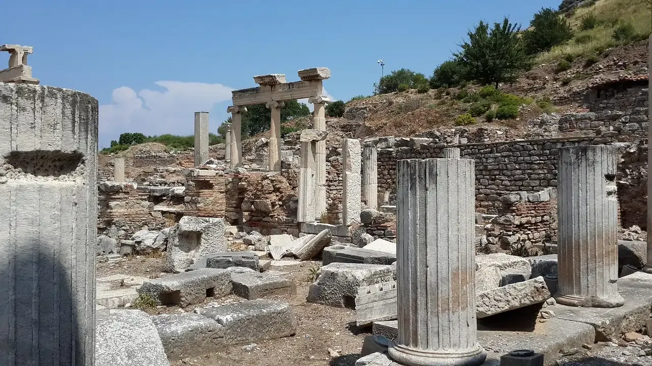 Fallen and standing columns along an ancient street at Ephesus