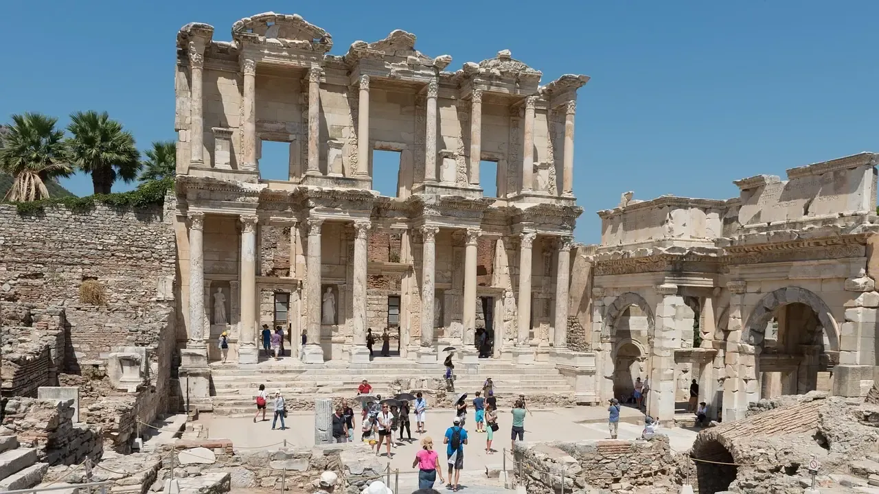Visitors in front of the Library of Celsus at Ephesus near Selcuk