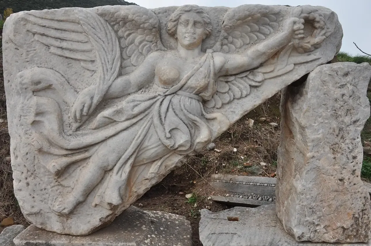 The marble relief of Nike among the ruins of Ephesus