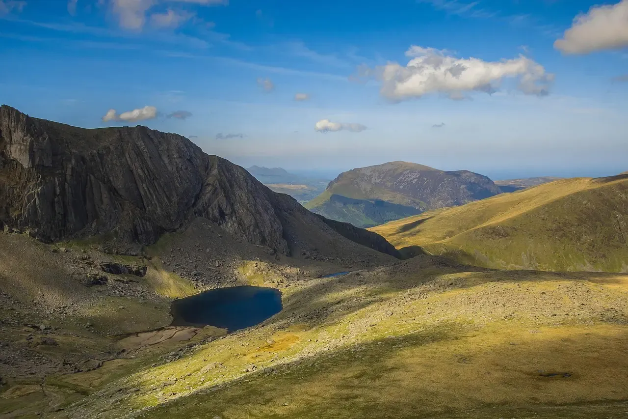 Mountain lake among the ridges of Eryri in north Wales