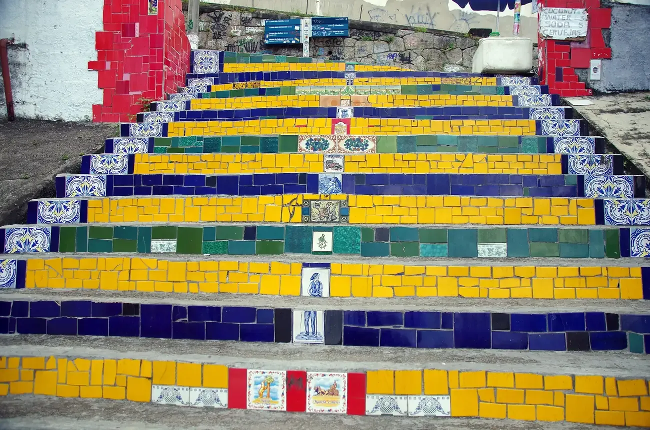 The tiled risers of the Escadaria Selaron seen head on