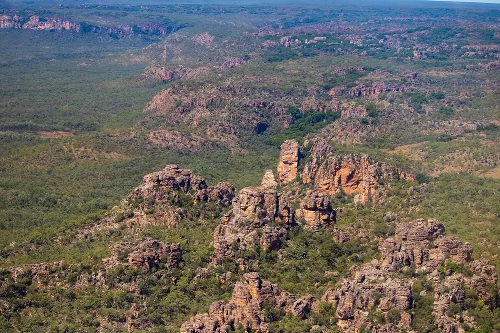 The sandstone escarpment and tropical woodland of Kakadu National Park from the air