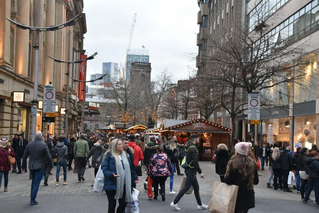 Christmas market chalets on Exchange Street, Manchester