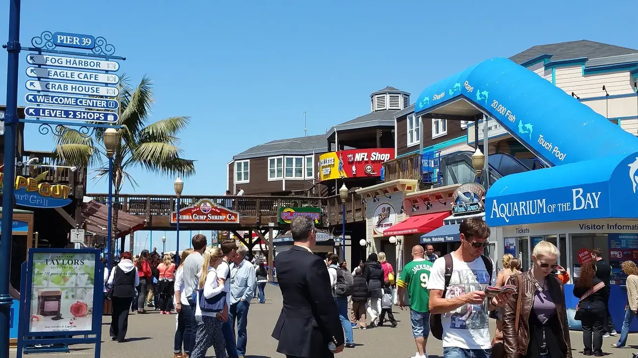The Fisherman's Wharf sign and crowds beside Pier 39 in San Francisco