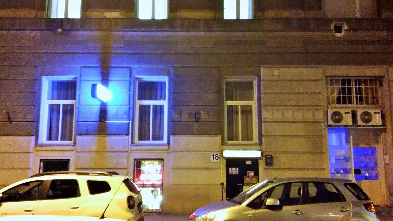 The street facade of the building at Radnoti Miklos utca 18 in Budapest, home of the Flipper Museum pinball basement