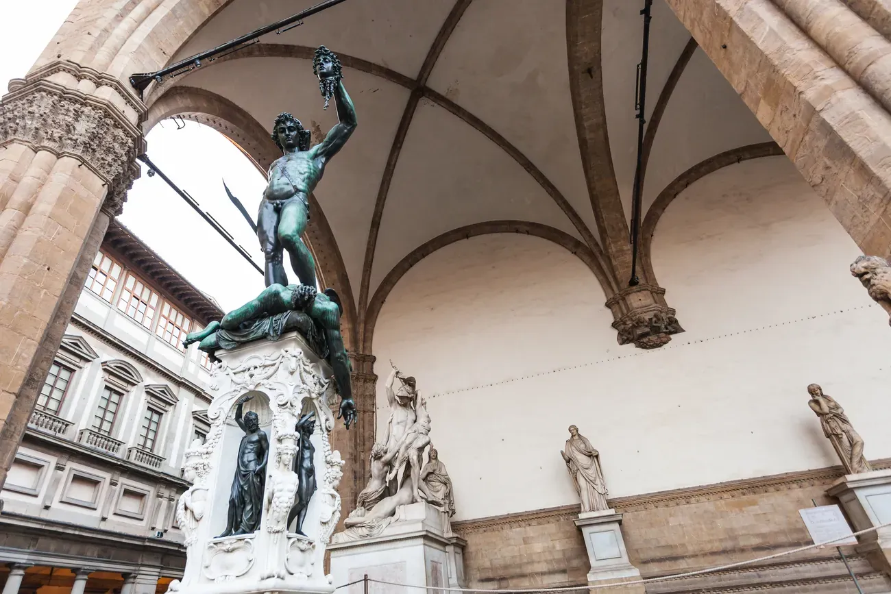 Cellini's bronze Perseus in the Loggia dei Lanzi on Piazza della Signoria in Florence