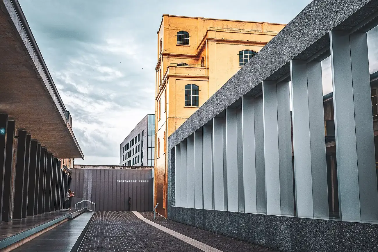 Courtyard of Fondazione Prada in Milan, the complex that houses Bar Luce
