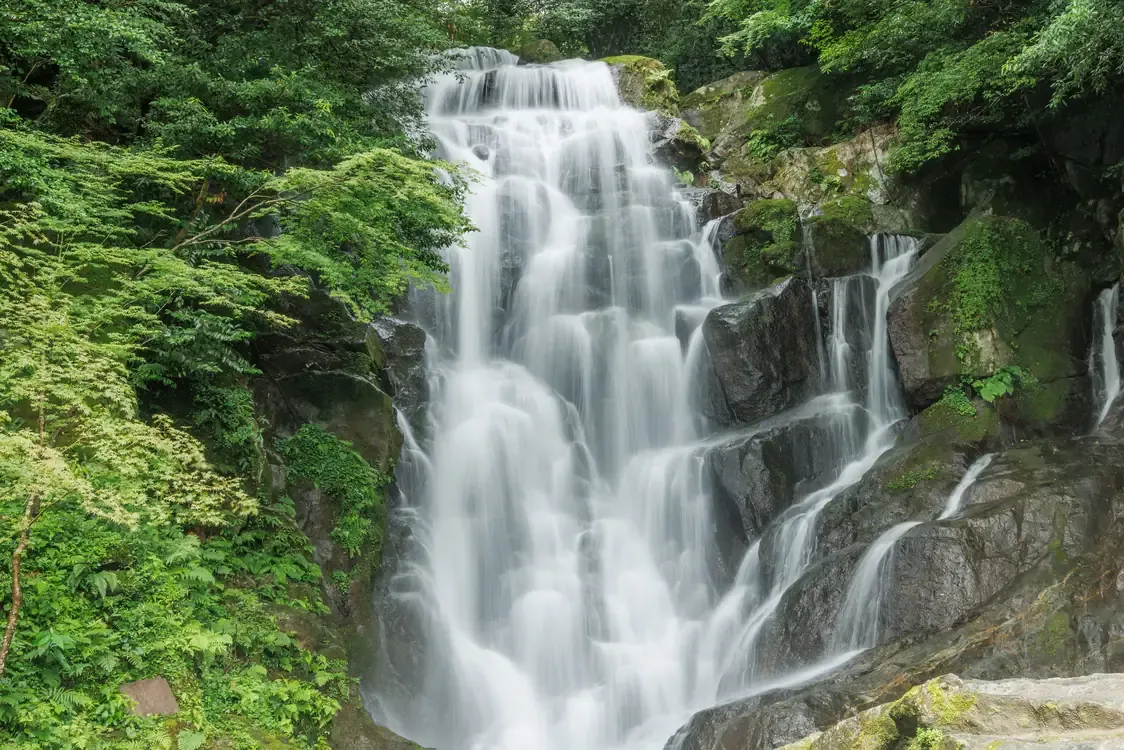 A cascading waterfall in a green forest at Itoshima, Fukuoka