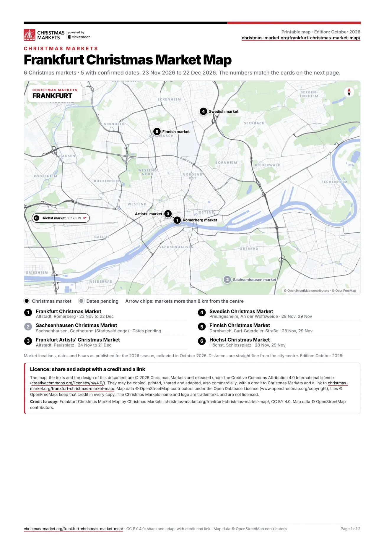 Page 1 of the printable Frankfurt Christmas market map PDF